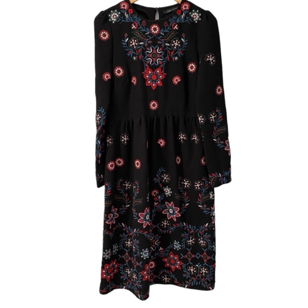 Zara Midi Floral Runways Fav Embroidered Long Sleeves Black Dress M - Picture 5 of 13
